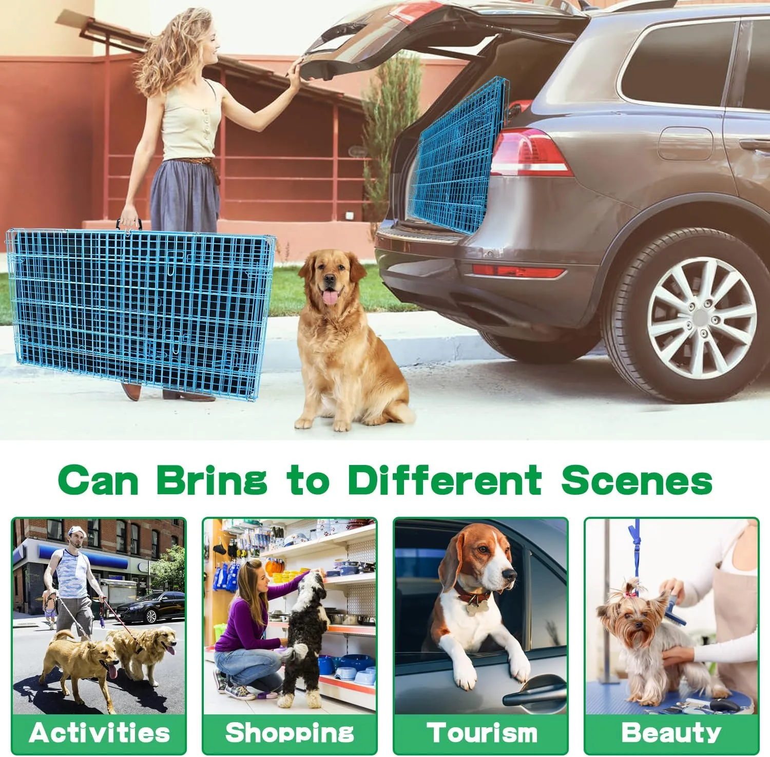 BLKMTY Foldable Dog Crate Wire Metal Dog Cage Large 42" Dog Kennel w/Divider Panel Double-Door Animal Segregation Cage Pet Crate w/Tray Dog Crates for Indoor Outdoor Travel Camping, Blue