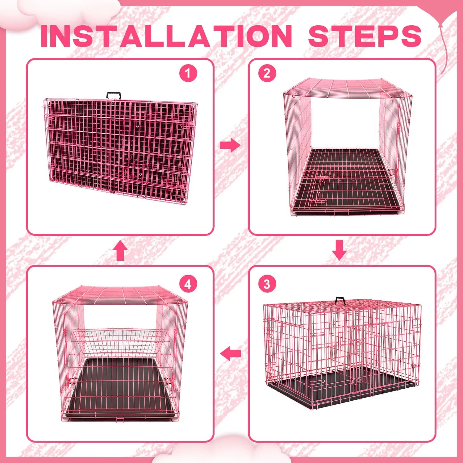 BLKMTY Foldable Dog Crate Wire Metal Dog Cage Large 42" Dog Kennel w/Divider Panel Double-Door Animal Segregation Cage Pet Crate w/Tray Dog Crates for Indoor Outdoor Travel Camping, Pink