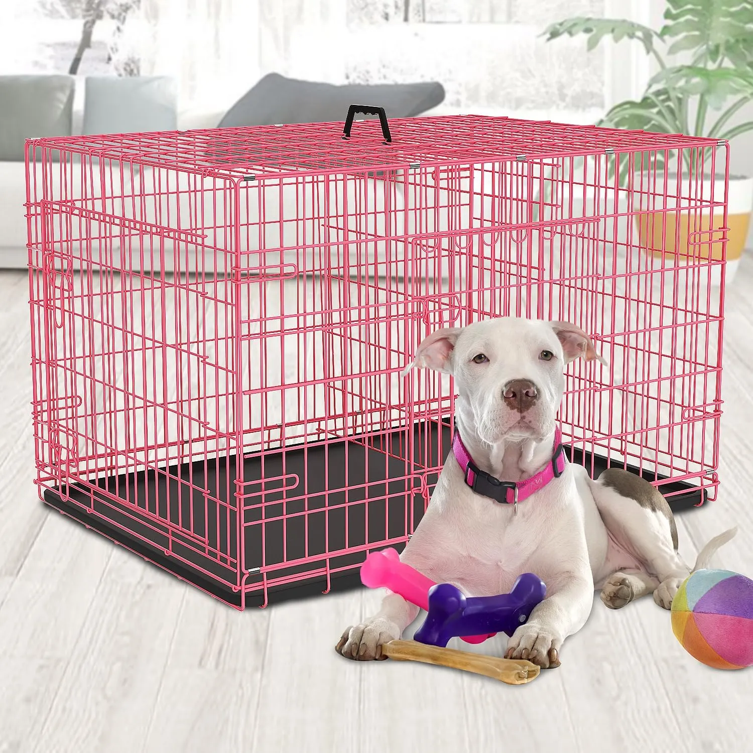 BLKMTY Foldable Dog Crate Wire Metal Dog Cage Large 42" Dog Kennel w/Divider Panel Double-Door Animal Segregation Cage Pet Crate w/Tray Dog Crates for Indoor Outdoor Travel Camping, Pink