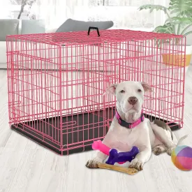 BLKMTY Foldable Dog Crate Wire Metal Dog Cage Large 42" Dog Kennel w/Divider Panel Double-Door Animal Segregation Cage Pet Crate w/Tray Dog Crates for Indoor Outdoor Travel Camping, Pink