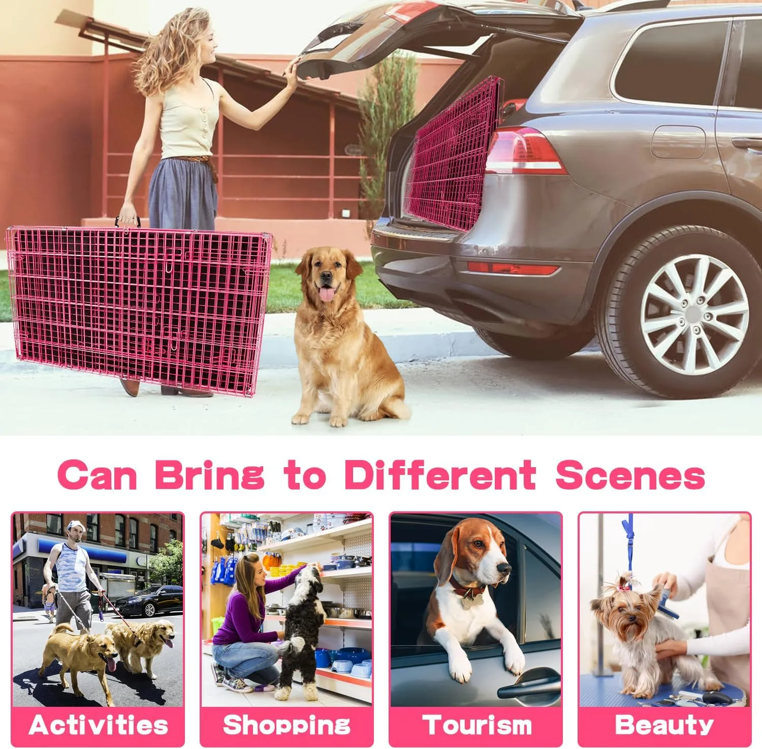 BLKMTY Foldable Dog Crate Wire Metal Dog Cage Large 42" Dog Kennel w/Divider Panel Double-Door Animal Segregation Cage Pet Crate w/Tray Dog Crates for Indoor Outdoor Travel Camping, Pink