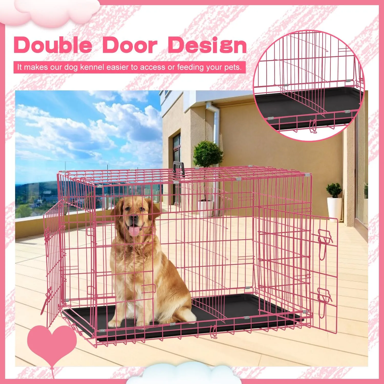 BLKMTY Foldable Dog Crate Wire Metal Dog Cage Large 42" Dog Kennel w/Divider Panel Double-Door Animal Segregation Cage Pet Crate w/Tray Dog Crates for Indoor Outdoor Travel Camping, Pink