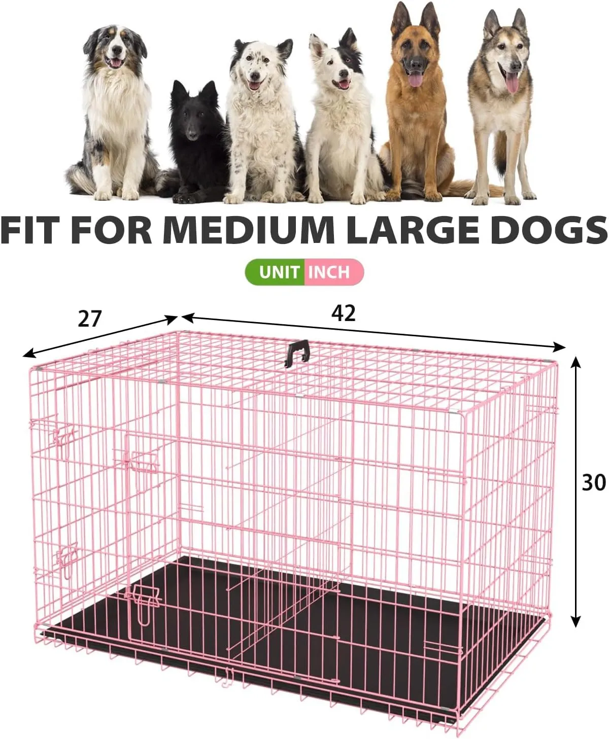BLKMTY Foldable Dog Crate Wire Metal Dog Cage Large 42" Dog Kennel w/Divider Panel Double-Door Animal Segregation Cage Pet Crate w/Tray Dog Crates for Indoor Outdoor Travel Camping, Pink