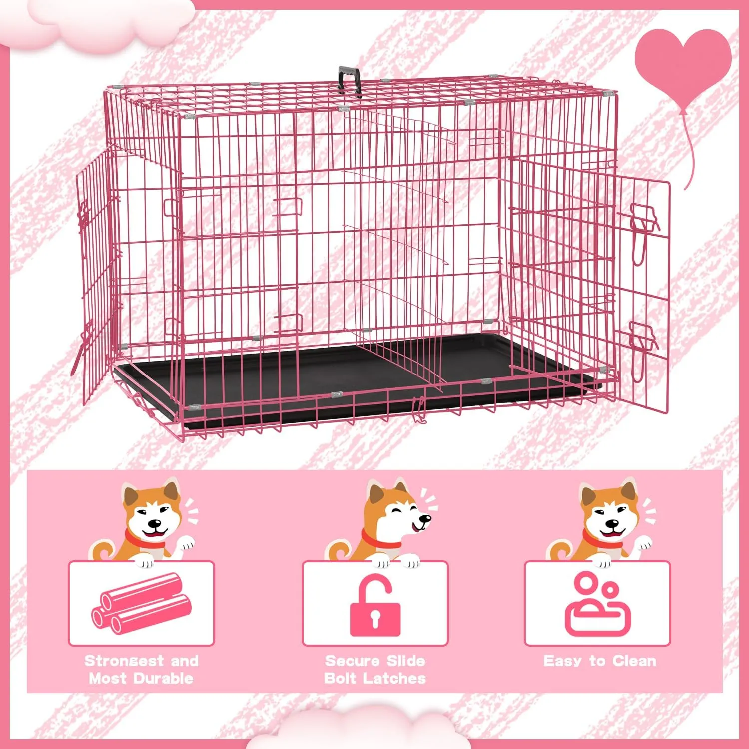 BLKMTY Foldable Dog Crate Wire Metal Dog Cage Large 42" Dog Kennel w/Divider Panel Double-Door Animal Segregation Cage Pet Crate w/Tray Dog Crates for Indoor Outdoor Travel Camping, Pink