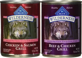 Blue Buffalo Wilderness High Protein Beef and Chicken & Salmon and Chicken Wet Dog Food Variety Pack for Adult Dogs, Grain-Free, 12.5 oz. Cans (6 Pack)