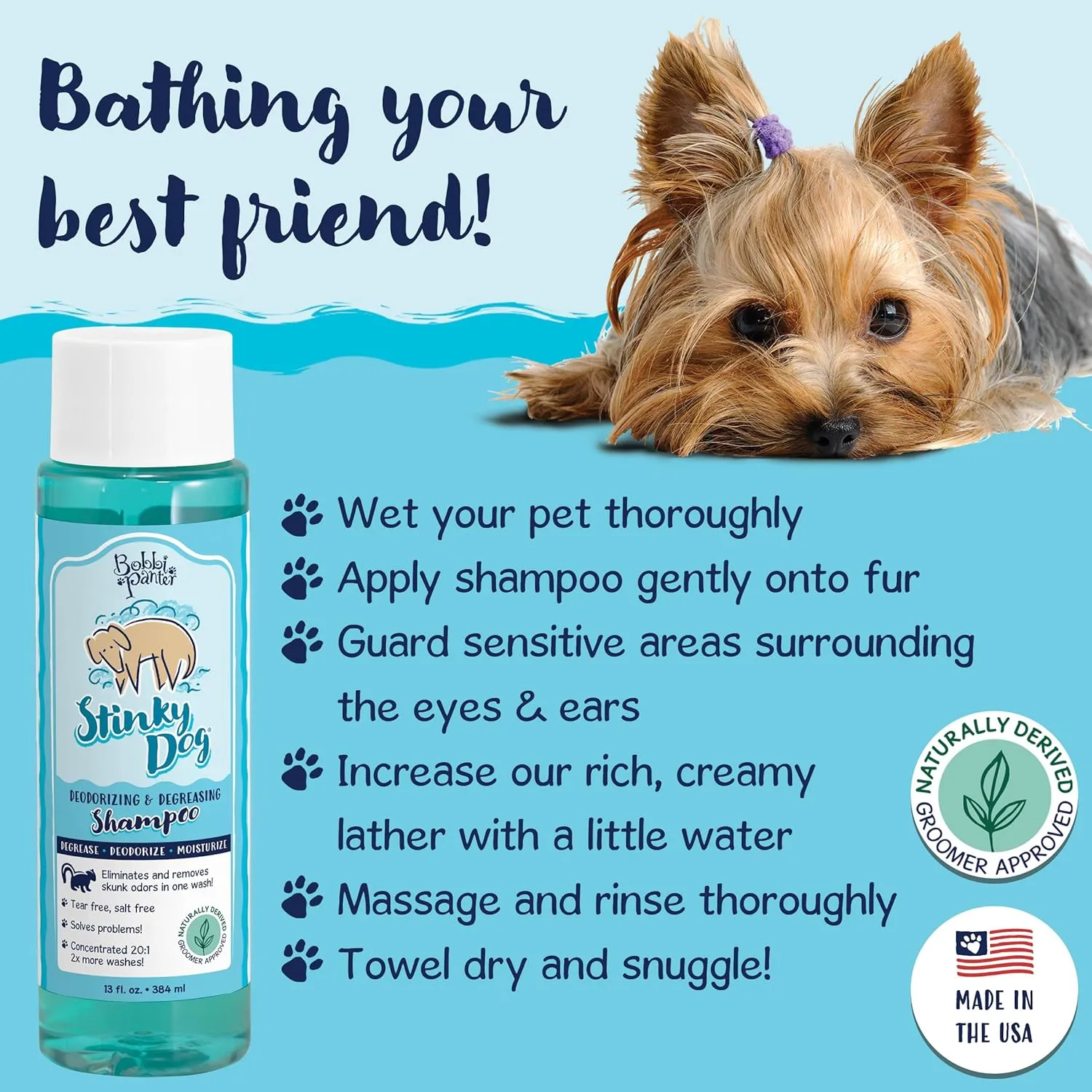 Bobbi Panter Heavy Duty Deodorizing Dog Shampoo for Degreasing & Moisturizing - Natural Ingredients, Tear-Free, pH-Balanced, 20:1 Concentrated Formula, Fresh & Clean Scent, 13 oz.