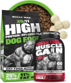 Bully Max 25/11 High Protein Low Fat Chicken-Free Lamb Flavor Dog Food (5lbs. Bag) and Muscle Builder Power Tabs (60 tabs) Bundle for Puppies & Adult Dogs  Supports Strength & Vitality for All Breeds