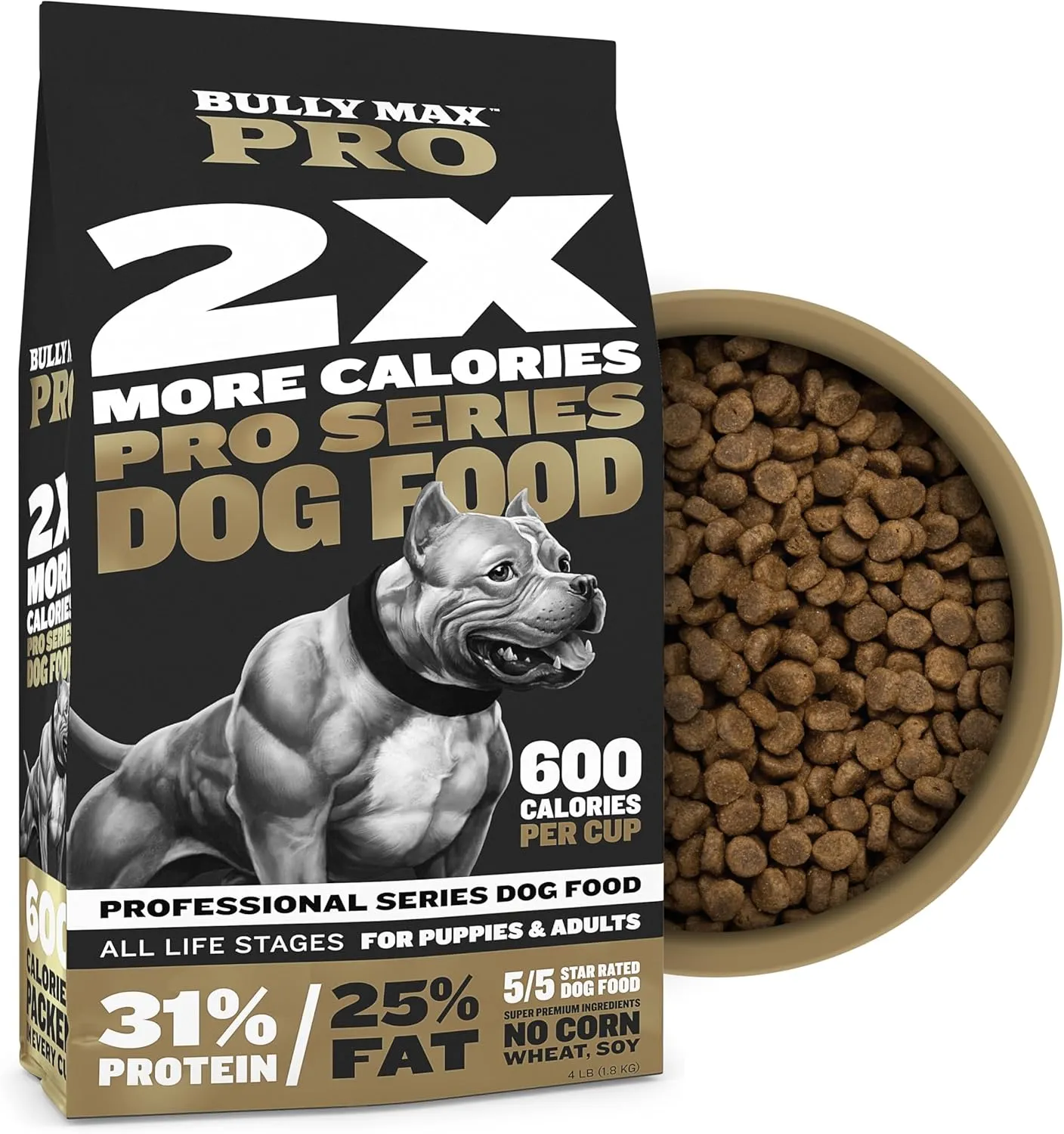 Bully Max Pro 2X High Calorie & High Protein Dry Dog Food for Puppy & Adult Dogs - Healthy Weight Gain & Muscle Building for Small & Large Breeds - Slow-Cooked, 600 Calories/Cup, Chicken Flavor, 16lb.