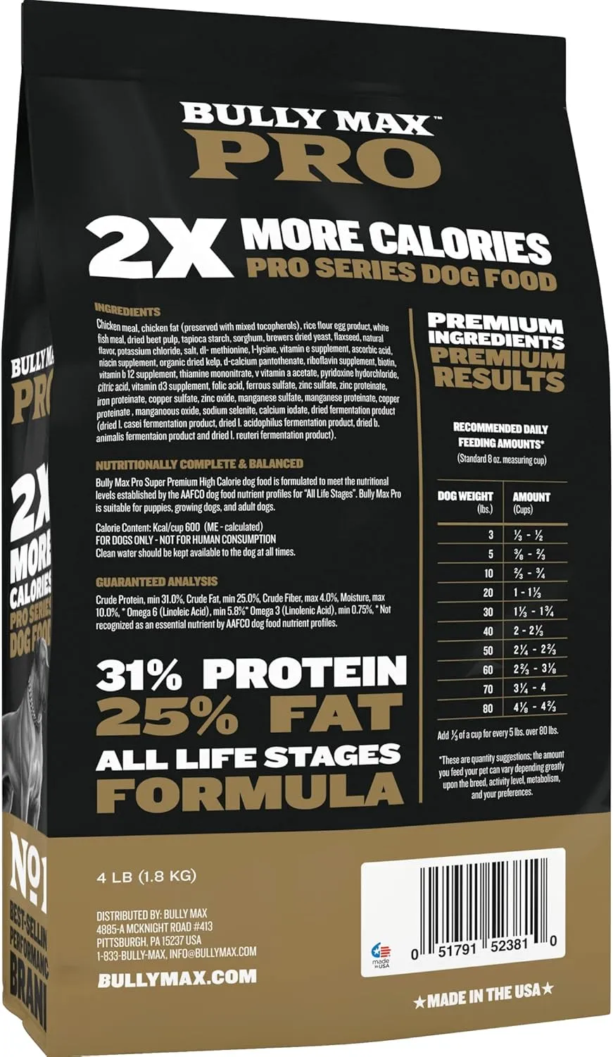 Bully Max Pro 2X High Calorie & High Protein Dry Dog Food for Puppy & Adult Dogs - Healthy Weight Gain & Muscle Building for Small & Large Breeds - Slow-Cooked, 600 Calories/Cup, Chicken Flavor, 16lb.