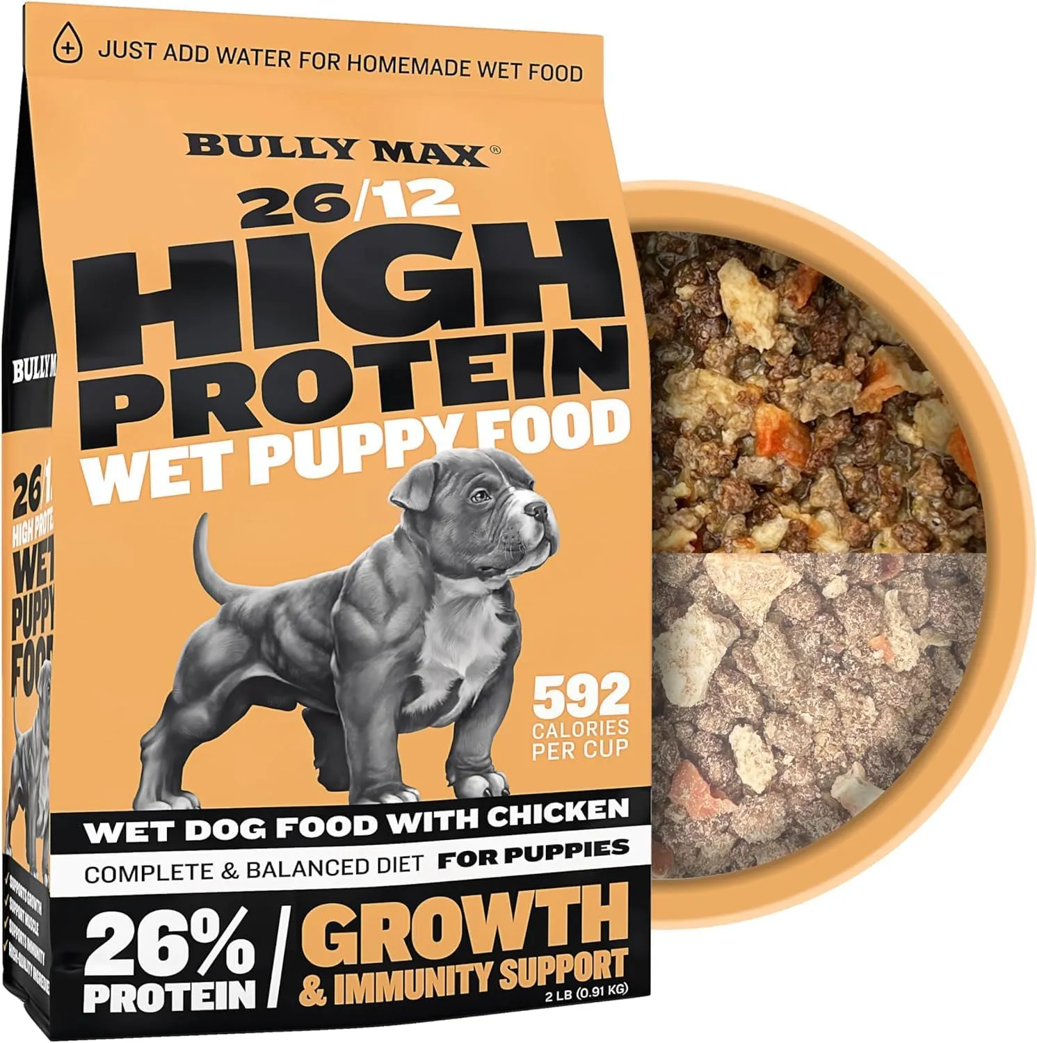 Bully Max Wet Puppy Food - Instant Fresh Dehydrated High Protein Soft Dog Food with Chicken - Healthy Growth for Small & Large Breed Puppies - 4 Dry Dog Food Pounds (Makes 11 lbs. of Wet Food)