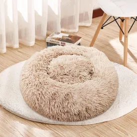 Bwanaz Deluxe Donut Pet Bed with Anti-Slip Waterproof Bottom and Raised Rim - Soothing Calming Cuddler Nest Dog Bed, Fluffy Faux Fur Round Cushion Cat Bed (Khaki, Medium)