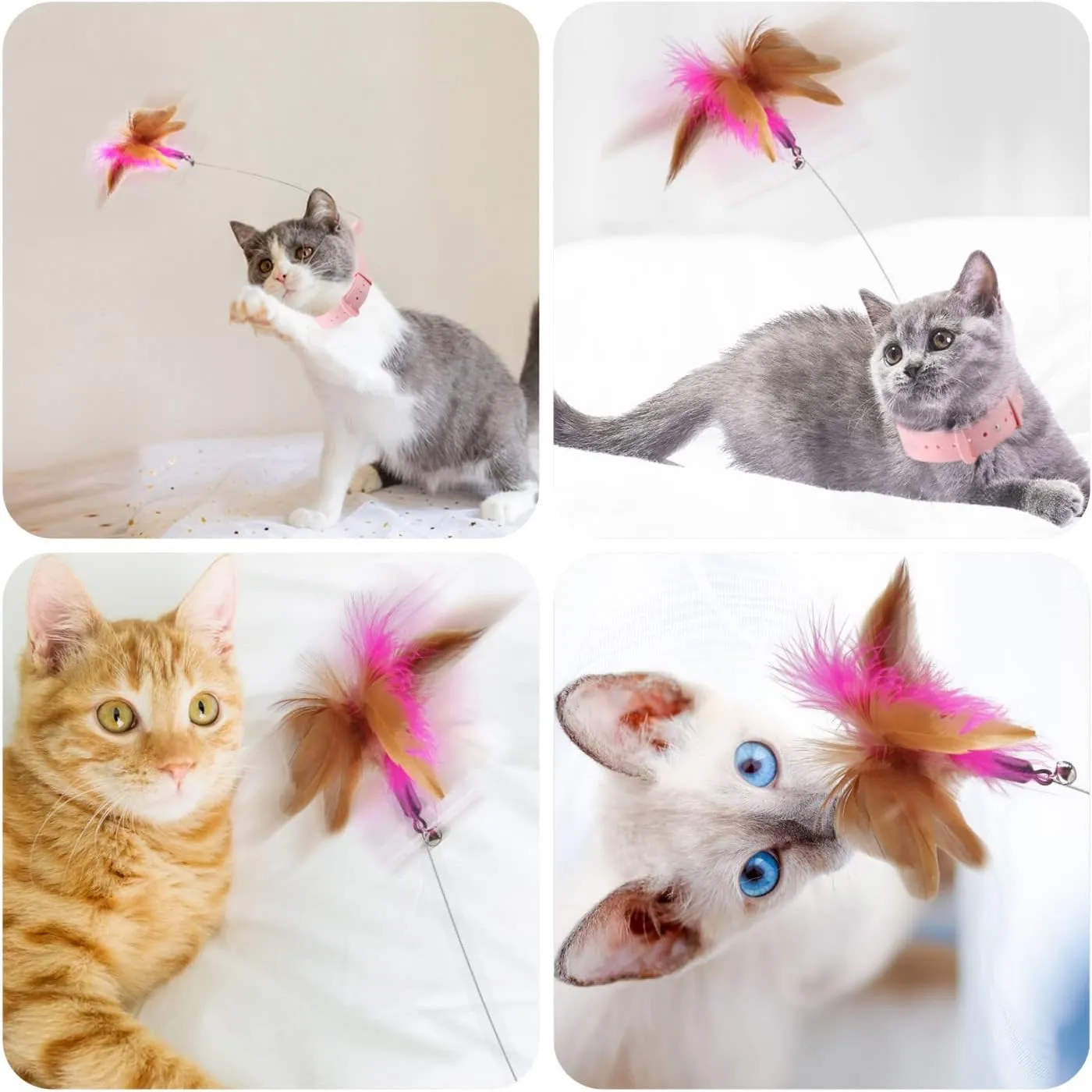 Cat Feather Collar Toy, Interactive Toys for Indoor Cats Self Play Funny Teaser Wand Neck 3-in-1 Collar Toy Feathers with Bell & 3 Refills Hands Free for Cats Play Blue