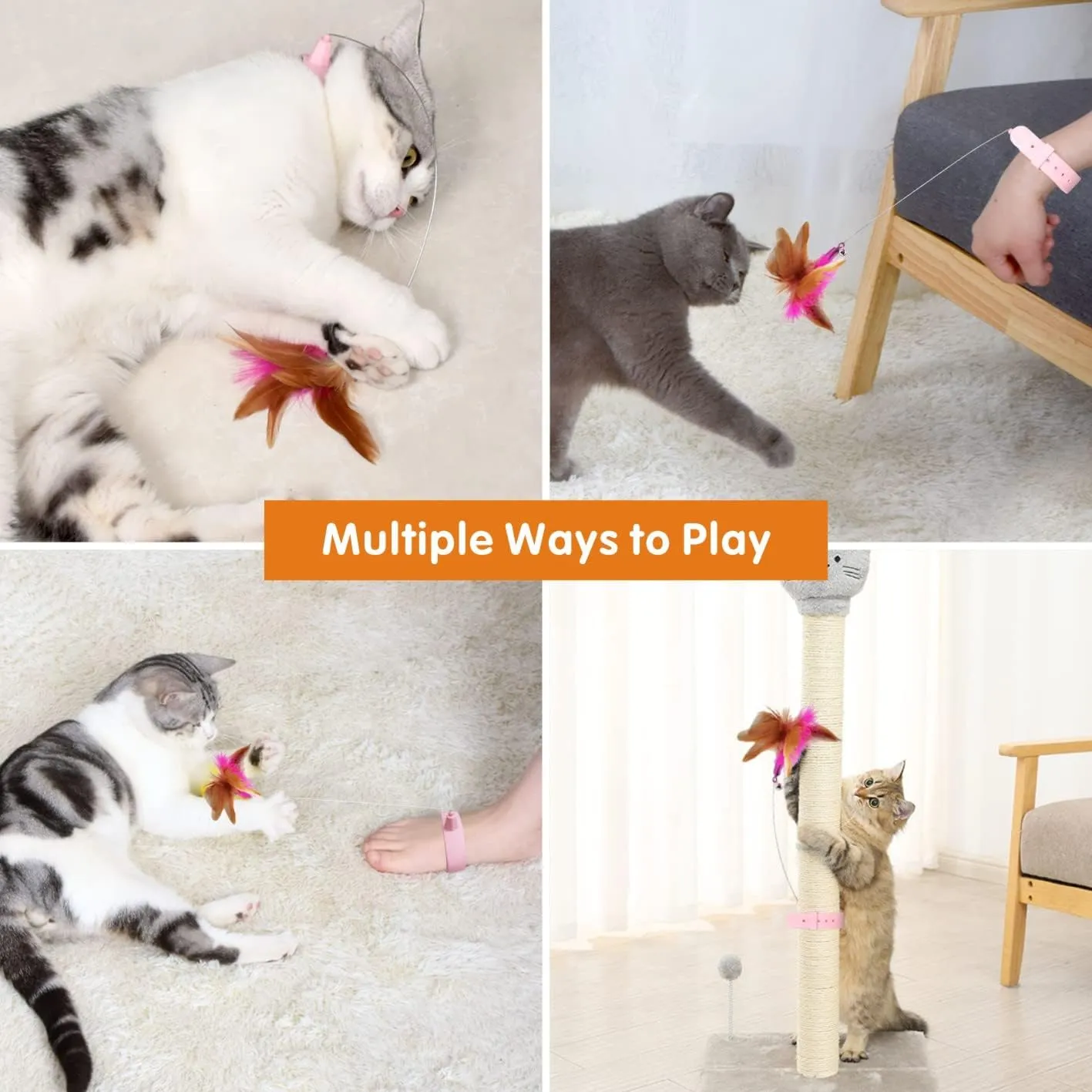 Cat Feather Collar Toy, Interactive Toys for Indoor Cats Self Play Funny Teaser Wand Neck 3-in-1 Collar Toy Feathers with Bell & 3 Refills Hands Free for Cats Play Blue