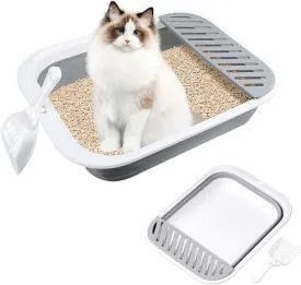 Cat Litter Box for Travel, 18"14" Grey Small Litter Box for Open Foldable Waterproof Litter Pan,Kitty Litter Box Easy to Clean and Assemble, Portable Litter Box with Scoop