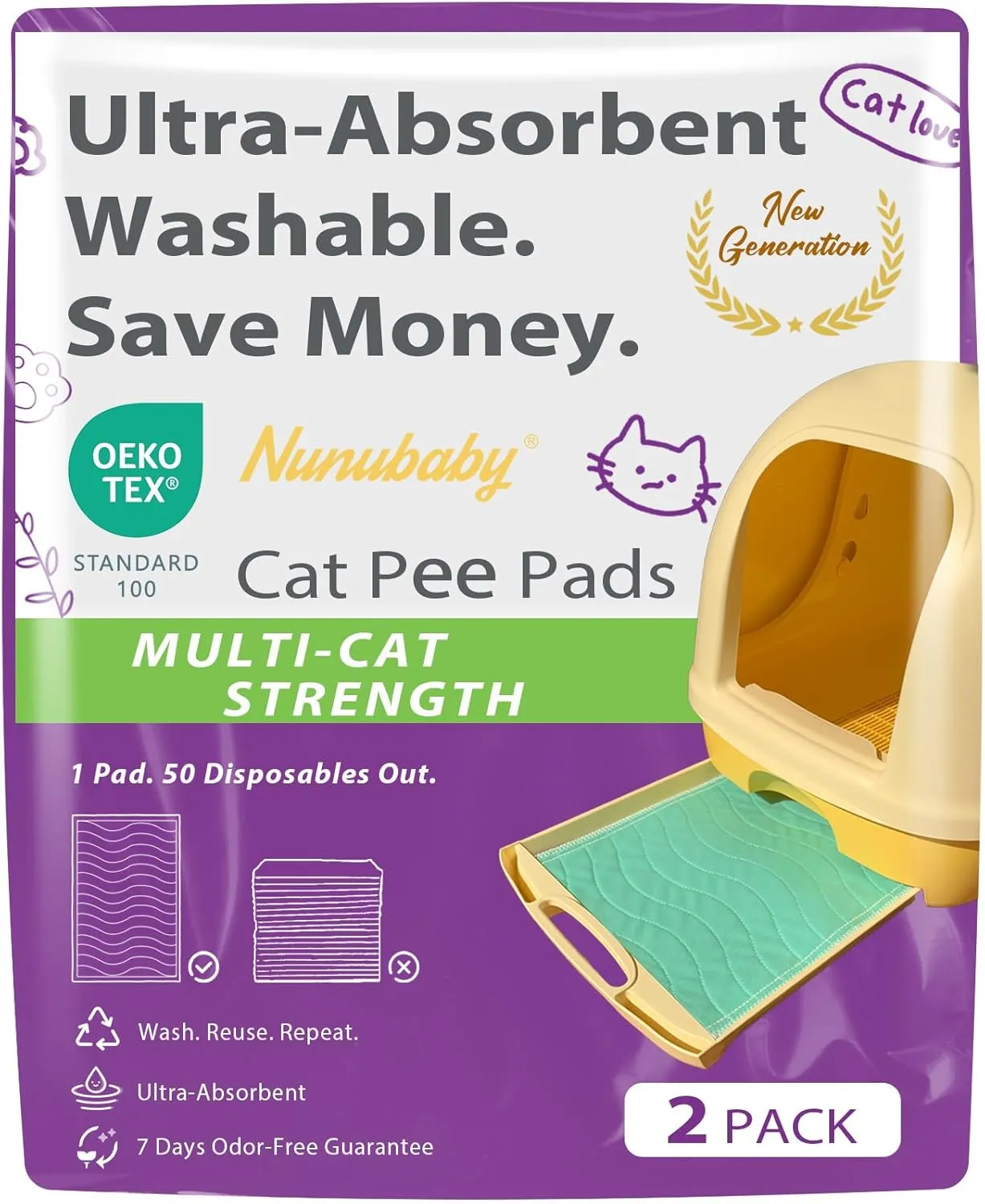 Cat Litter Pads, Machine Washable and Reusable Cat Pads for Litter Box, Super Absorbent Cat Pee Pads for Litter Box, 16.9"x11.4",Odor Control,1 Size Fits Most Litter Boxes.(Green, Pack of 2)