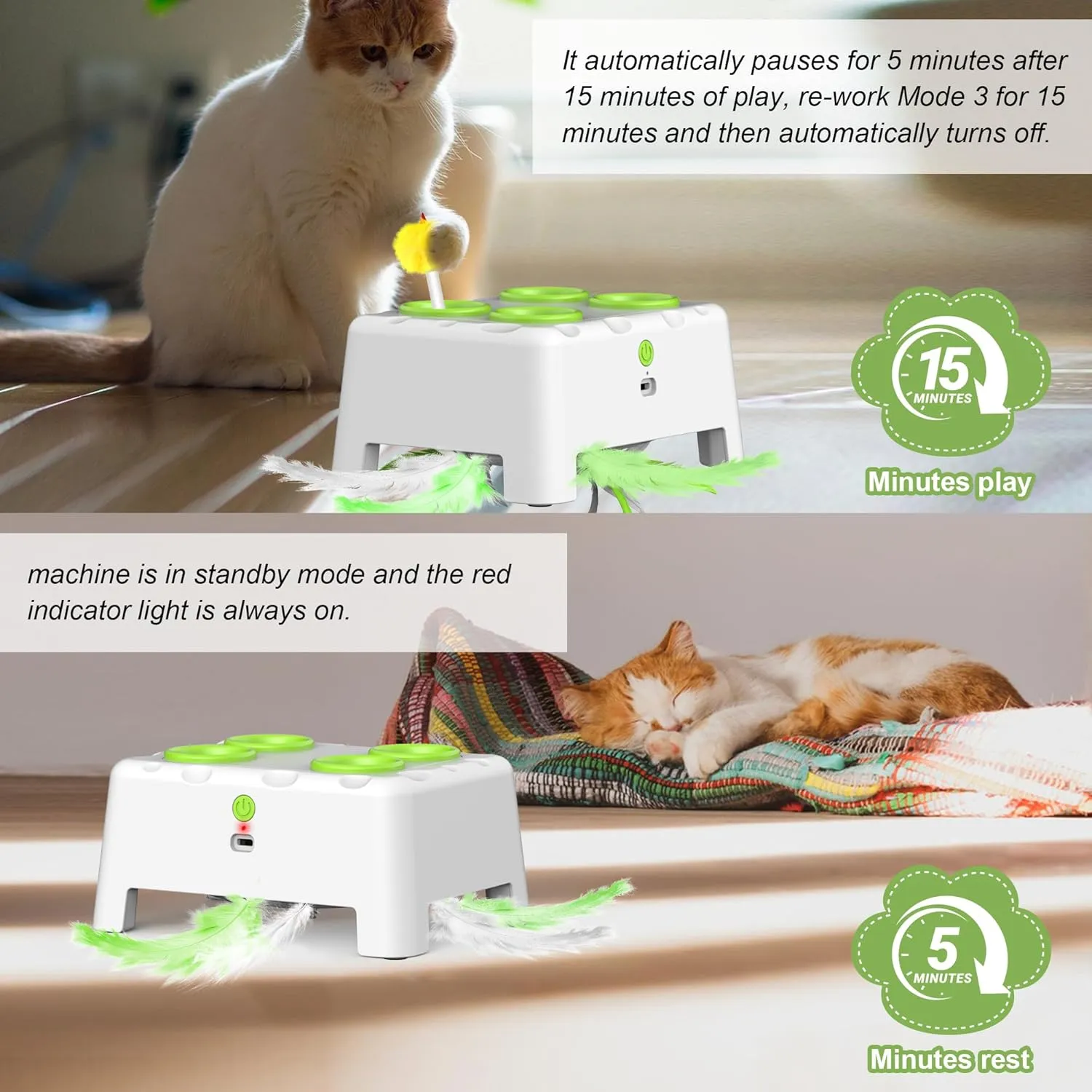 Cat Toys, Interactive Cat Toys, 2-in-1 Automatic Cat Toy, 4 Holes Mice Whack A Mole Cat Mouse Toy with Moving Feather, Portable USB Rechargeable Electronic Kitten Toys (White)