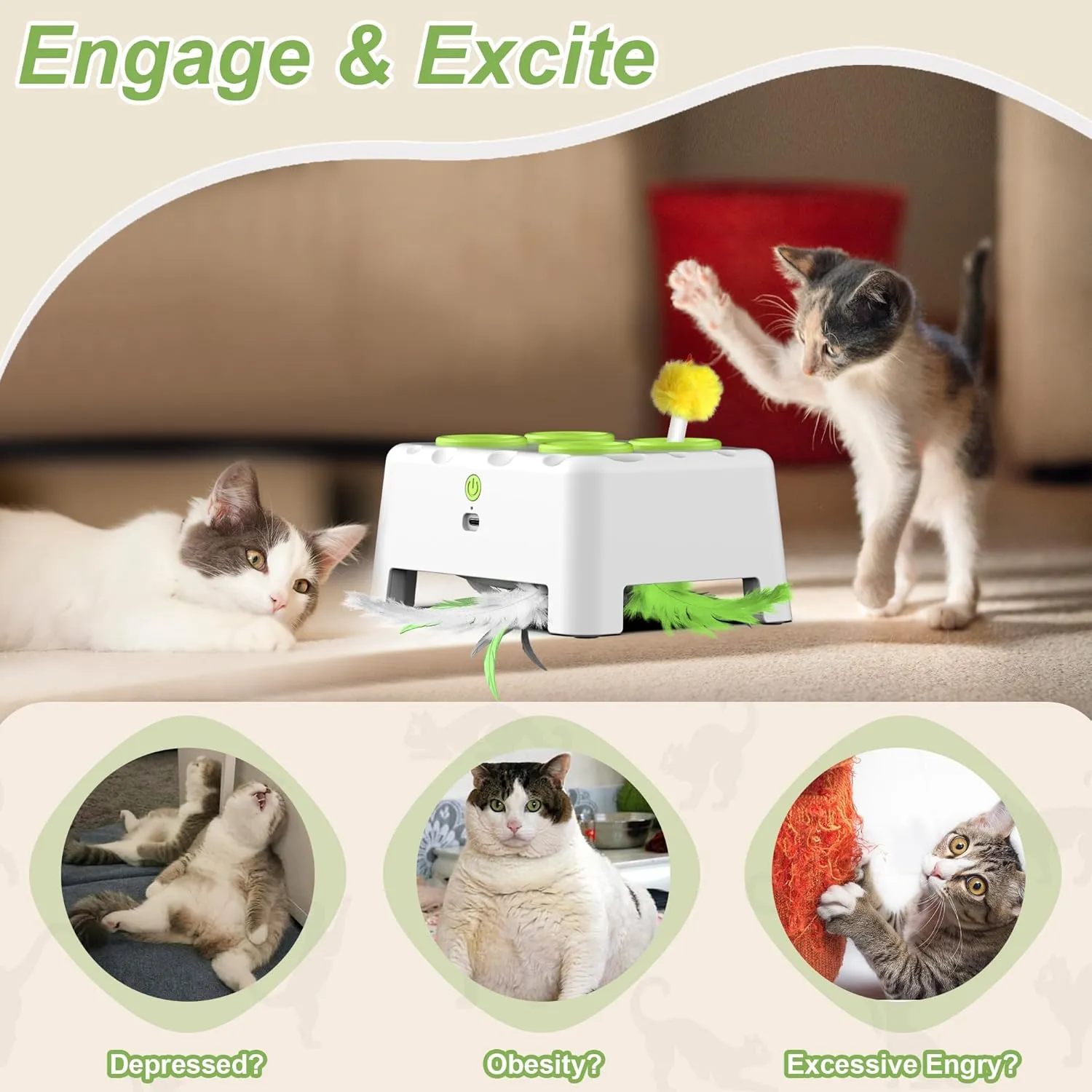 Cat Toys, Interactive Cat Toys, 2-in-1 Automatic Cat Toy, 4 Holes Mice Whack A Mole Cat Mouse Toy with Moving Feather, Portable USB Rechargeable Electronic Kitten Toys (White)