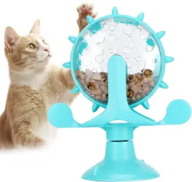 Cat Treat Dispenser Toy, 360 Rotating Windmill Suction Cup Toys Puzzle Slow Feeder Exercise Wheel Toy, Interactive Cat Food Treats Dispenser Toy for Kitten(Blue)