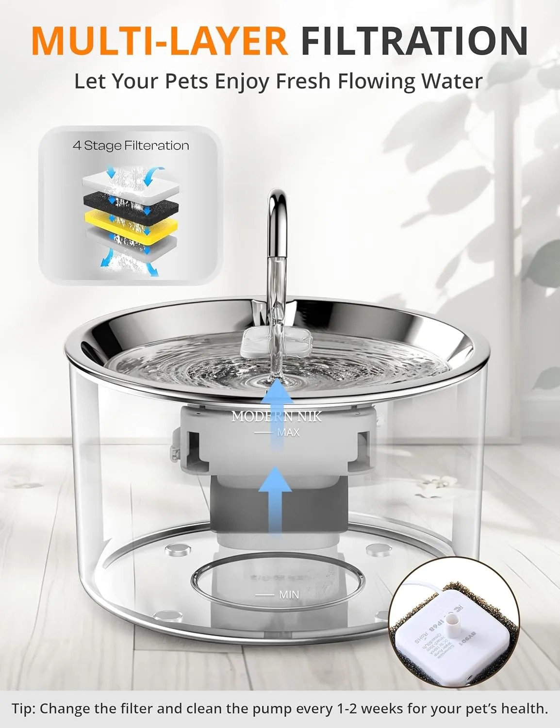 Cat Water Fountain  3L/101oz Automatic Pet Water Dispenser with Stainless Steel Lid, BPA-Free Plastic Body, Soft Blue LED Light, 4-Stage Filtration & Quiet Pump for Cats and Small Dogs  Modern Nik