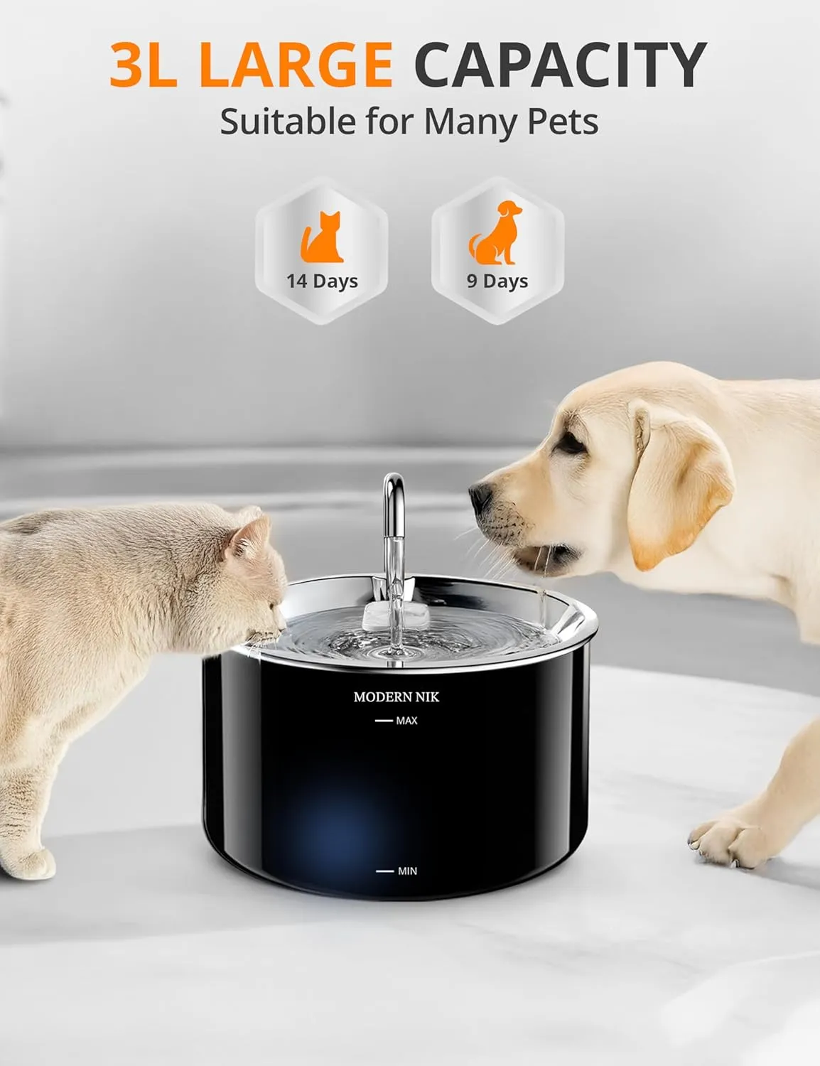 Cat Water Fountain  3L/101oz Automatic Pet Water Dispenser with Stainless Steel Lid, BPA-Free Plastic Body, Soft Blue LED Light, 4-Stage Filtration & Quiet Pump for Cats and Small Dogs  Modern Nik