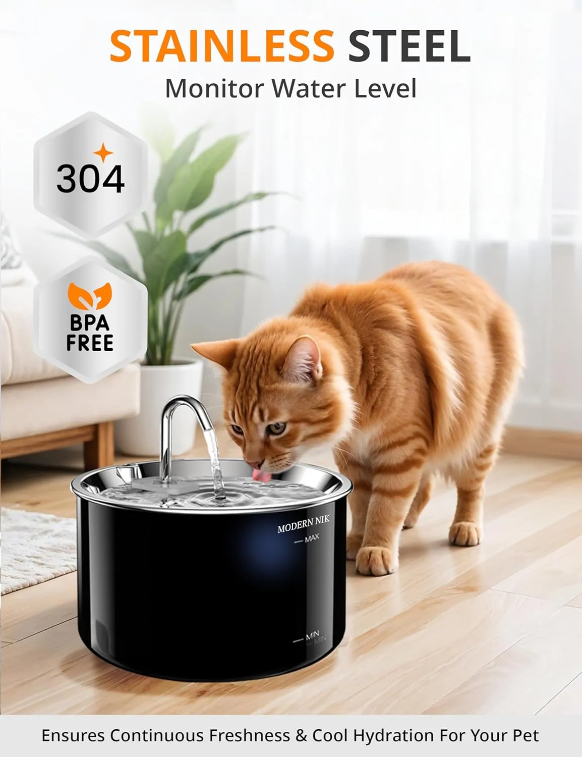 Cat Water Fountain  3L/101oz Automatic Pet Water Dispenser with Stainless Steel Lid, BPA-Free Plastic Body, Soft Blue LED Light, 4-Stage Filtration & Quiet Pump for Cats and Small Dogs  Modern Nik