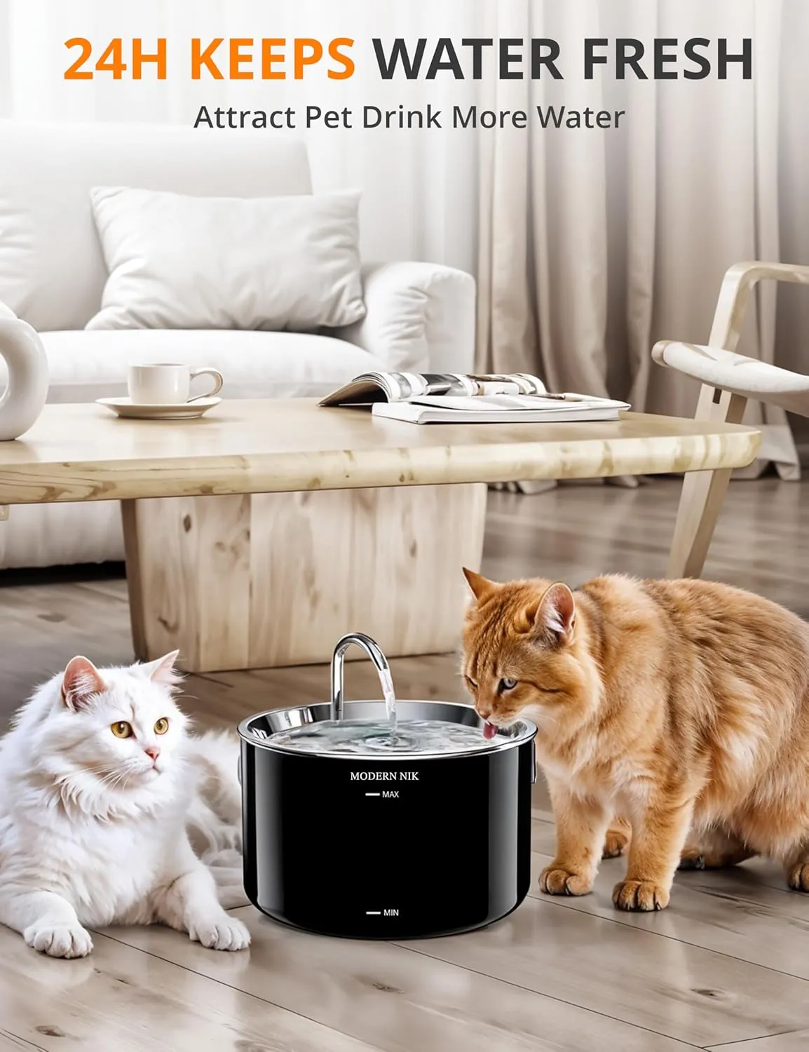 Cat Water Fountain  3L/101oz Automatic Pet Water Dispenser with Stainless Steel Lid, BPA-Free Plastic Body, Soft Blue LED Light, 4-Stage Filtration & Quiet Pump for Cats and Small Dogs  Modern Nik