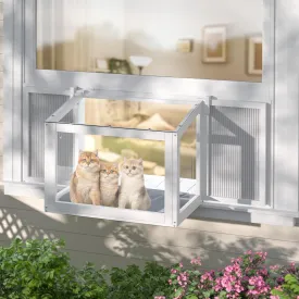 Cat Window Box, Adjustable Window Cat Perch Catio, Wooden Window Catio for Indoor Cats, Fits Vertical Window Frames 26" to 42" Wide, Sunbathing, Napping, Overlooking, White