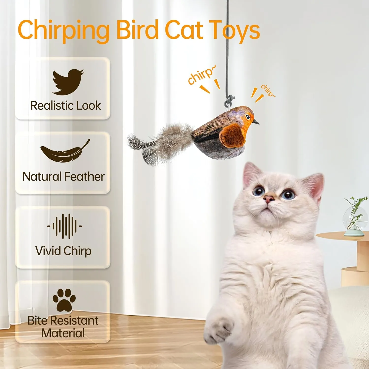 Chirping Bird Cat Toys Hanging Cat Feather Toy - Catnip Interactive Cat Toys for Indoor Cats - Automatic Cat Toy for Cat Exercise & Kicker to Self Play (Gray New)