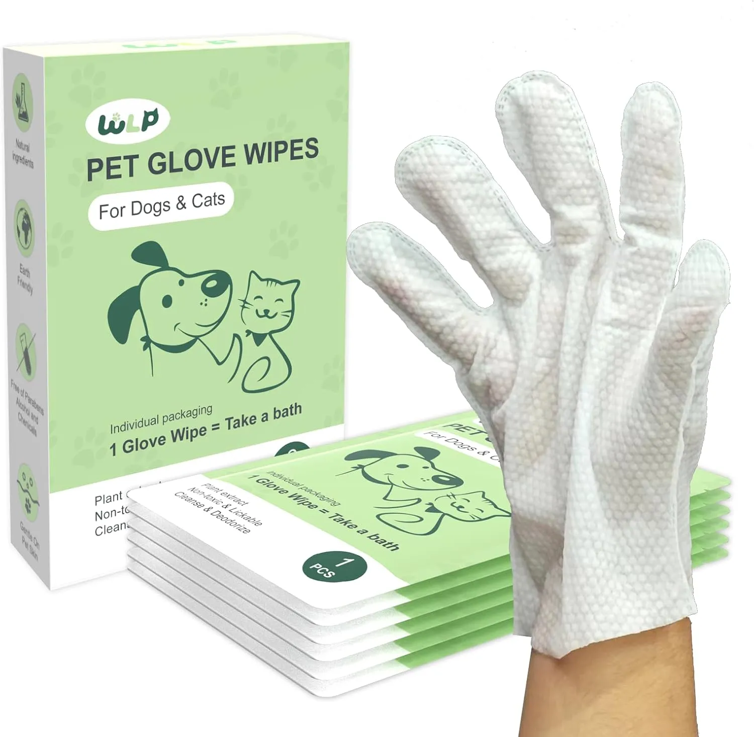 Cleaning and Deodorizing Glove Wipes for Dogs & Cats, Suitable for Sensitive Areas, Safe for Licking, Pet Grooming Bath Wipes. Puppy Essentials. Individually Packaged, Easy to Carry (6 PCS)