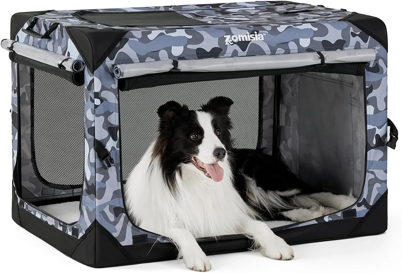 Collapsible Dog Crate for Large Dogs - Portable Dog Travel Crate 36 Inch Soft Sided with Mesh Windows and 3-Door Curtains, Foldable Dog Kennel for Indoor and Outdoor, Camo