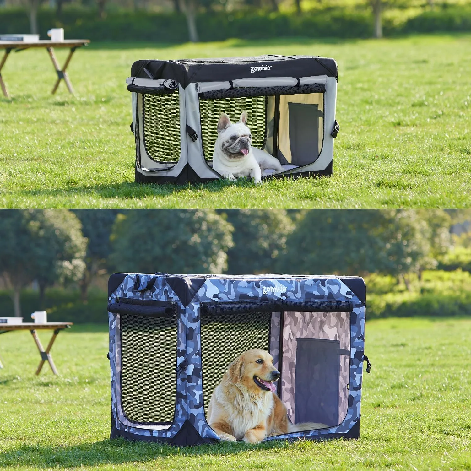 Collapsible Dog Crate for Large Dogs - Portable Dog Travel Crate 36 Inch Soft Sided with Mesh Windows and 3-Door Curtains, Foldable Dog Kennel for Indoor and Outdoor, Camo