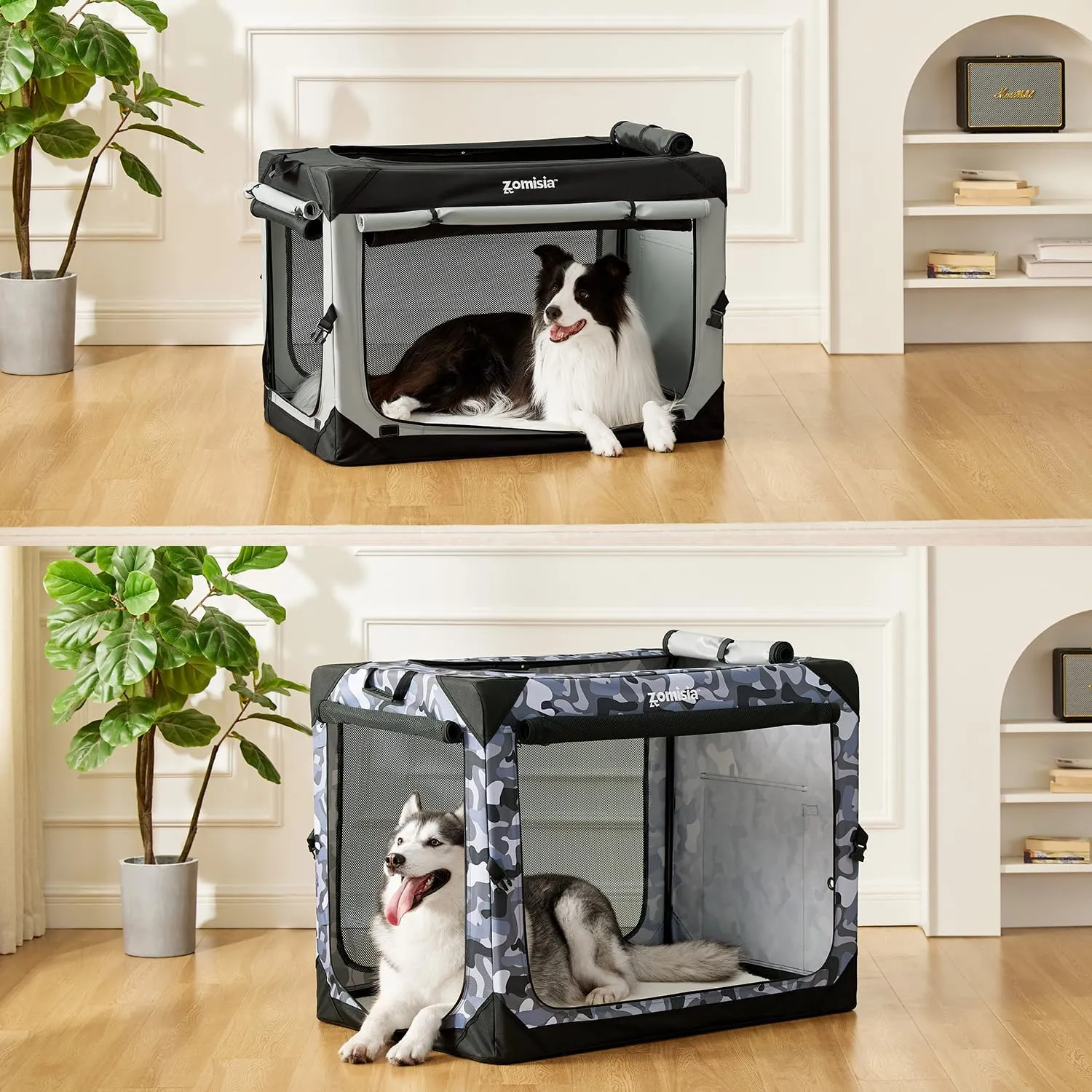 Collapsible Dog Crate for Large Dogs - Portable Dog Travel Crate 36 Inch Soft Sided with Mesh Windows and 3-Door Curtains, Foldable Dog Kennel for Indoor and Outdoor, Camo