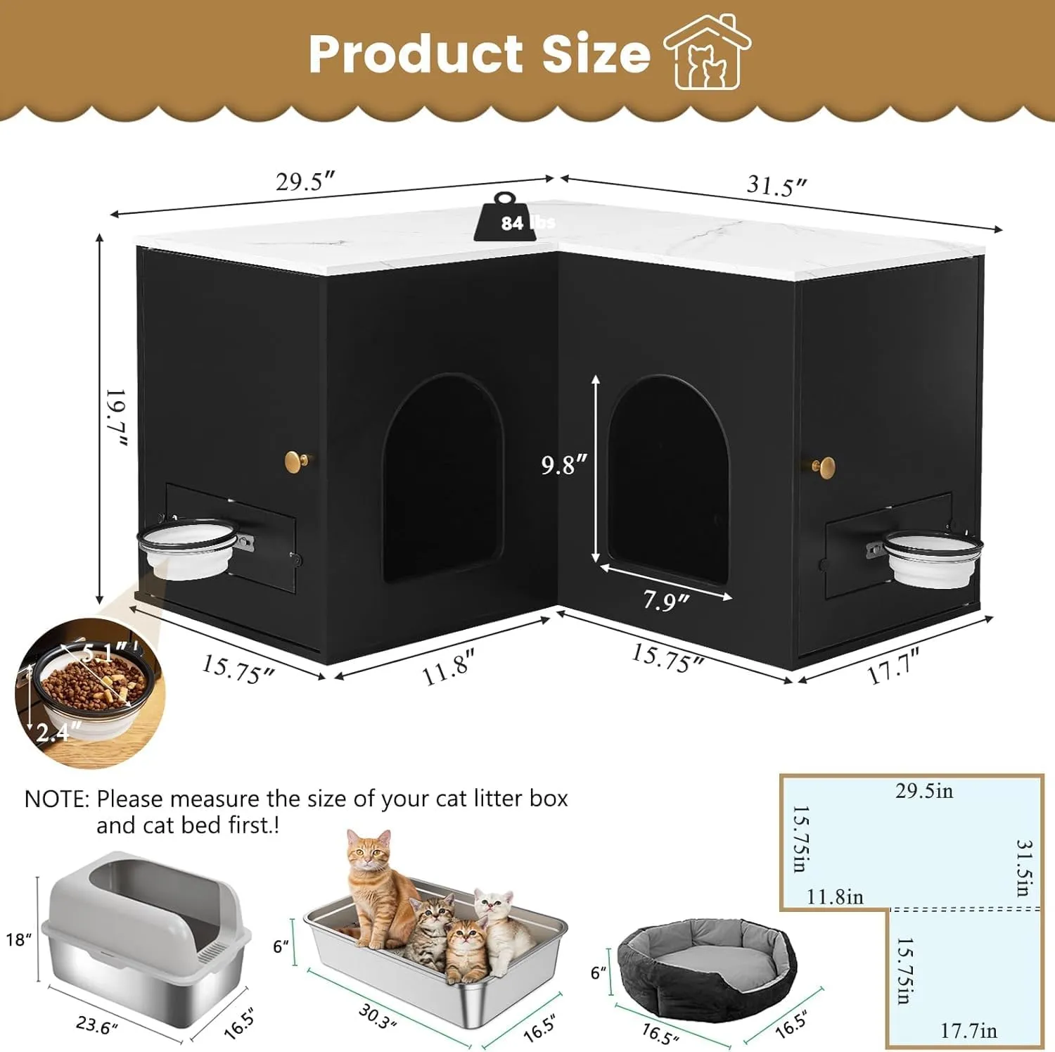 Corner Litter Box Enclosure for 2 Cats, 31.5" Hidden Cat Litter Box Furniture with Collapsible Cat Feeding Station, Indoor Litter Box Cabinet, 31.5 x 17.7 x 19.7 in, Black
