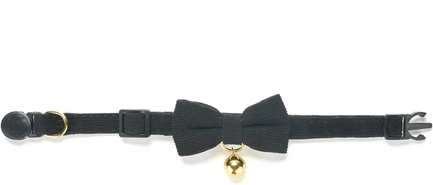 Cotton Breakaway Cat Collar with Bow Tie and Bell, Adjustable Cute Soft Corduroy Kitten Collars for Boy Cats,Black