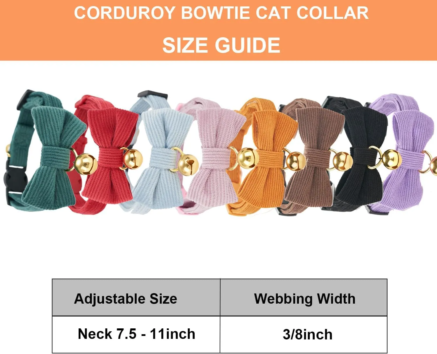 Cotton Breakaway Cat Collar with Bow Tie and Bell, Adjustable Cute Soft Corduroy Kitten Collars for Boy Cats,Black
