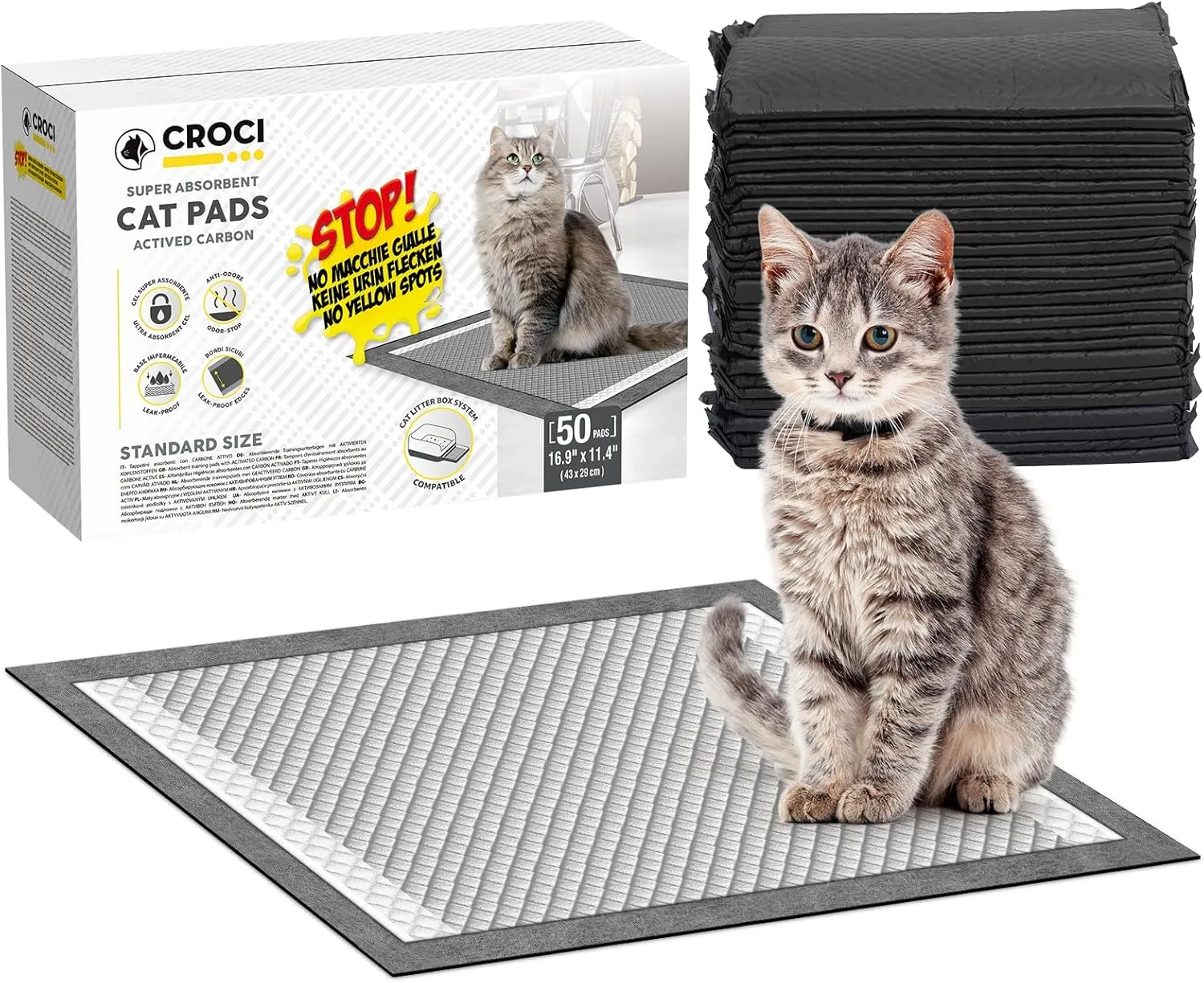 CROCI Cat Pads 16.9 x 11.4 in, Litter Pads for Tidy Cats Breeze Litter System, Pet Pads for Cats Super Absorbent up to 15 Cups, Cat Pads for Breeze System Leak-Proof, Charcoal (50 Counts)