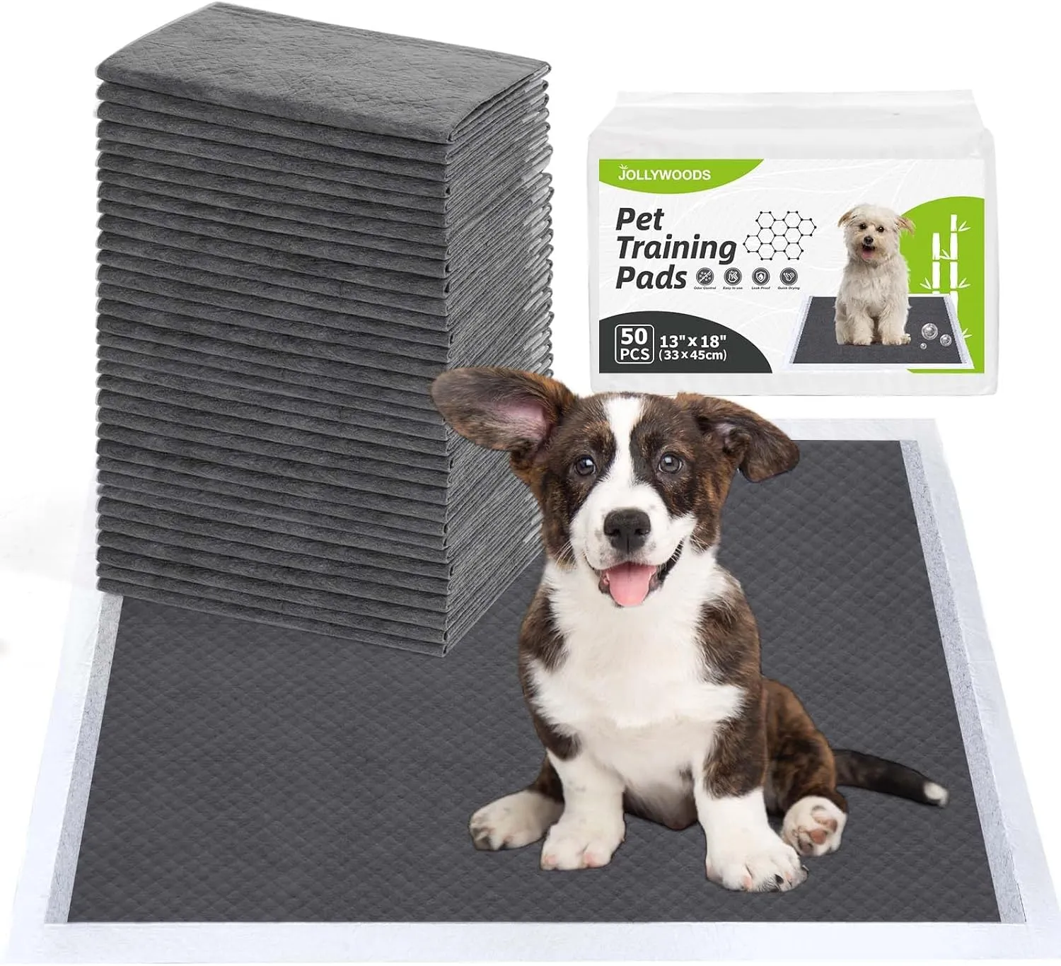 Disposable Dog Pee Pads, 13" x 18" Odor-Control Bamboo Charcoal Fiber Puppy Pads, Super Absorbent & Leak Proof Pet Training Pads, Quick Dry for Dogs, Cats and Rabbits - 50 Counts