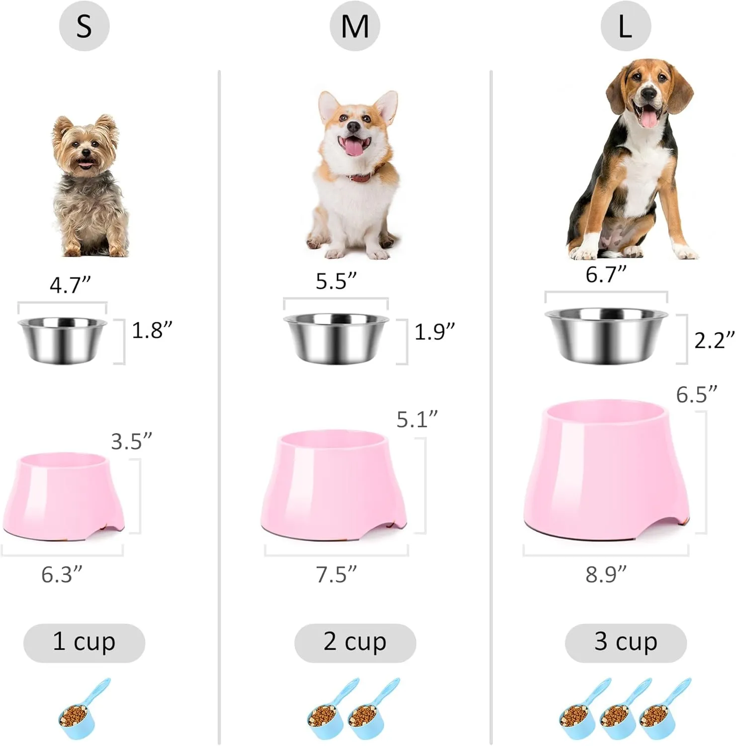 Dog Bowls,Cone Friendly Non Slip Single Dog Bowl with Stainless Steel Inner, Raised Bowls for Smll Dogs Spaniel Dogs Long Ear, High Capacity, M/2 Cup Pink