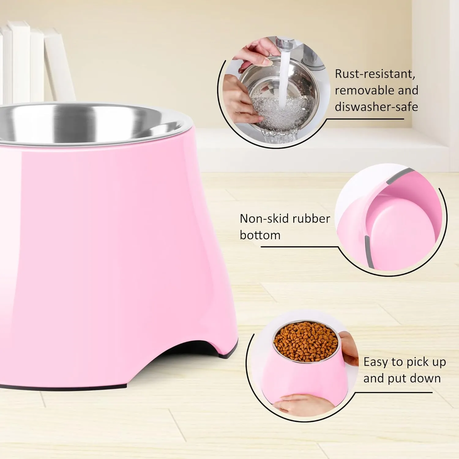 Dog Bowls,Cone Friendly Non Slip Single Dog Bowl with Stainless Steel Inner, Raised Bowls for Smll Dogs Spaniel Dogs Long Ear, High Capacity, M/2 Cup Pink