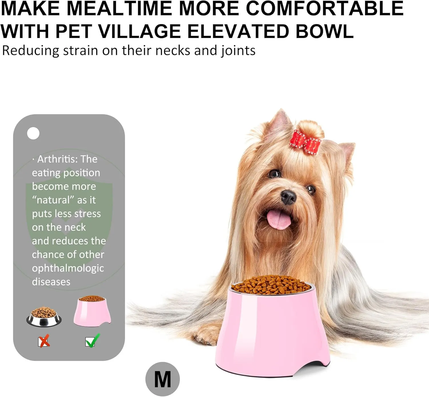 Dog Bowls,Cone Friendly Non Slip Single Dog Bowl with Stainless Steel Inner, Raised Bowls for Smll Dogs Spaniel Dogs Long Ear, High Capacity, M/2 Cup Pink