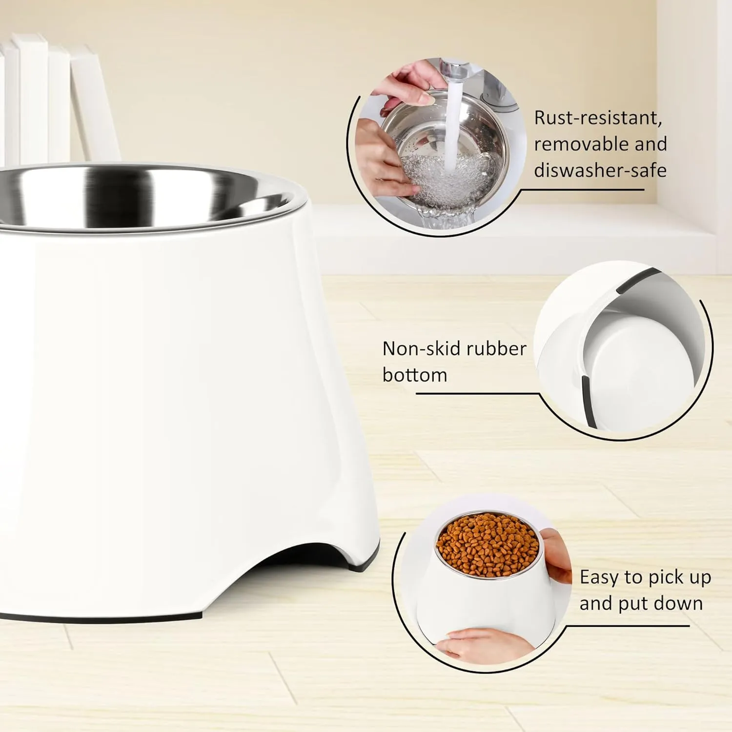 Dog Bowls,Cone Friendly Non Slip Single Dog Bowl with Stainless Steel Inner, Raised Bowls for Smll Dogs Spaniel Dogs Long Ear, High Capacity, S/1 Cup White