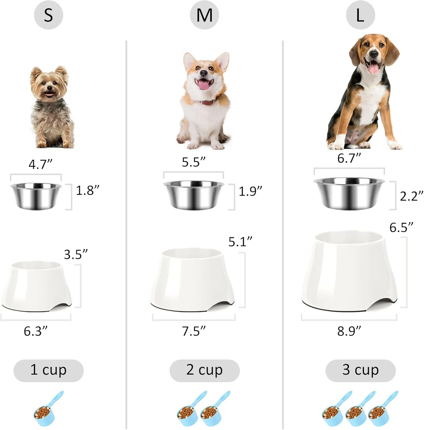 Dog Bowls,Cone Friendly Non Slip Single Dog Bowl with Stainless Steel Inner, Raised Bowls for Smll Dogs Spaniel Dogs Long Ear, High Capacity, S/1 Cup White