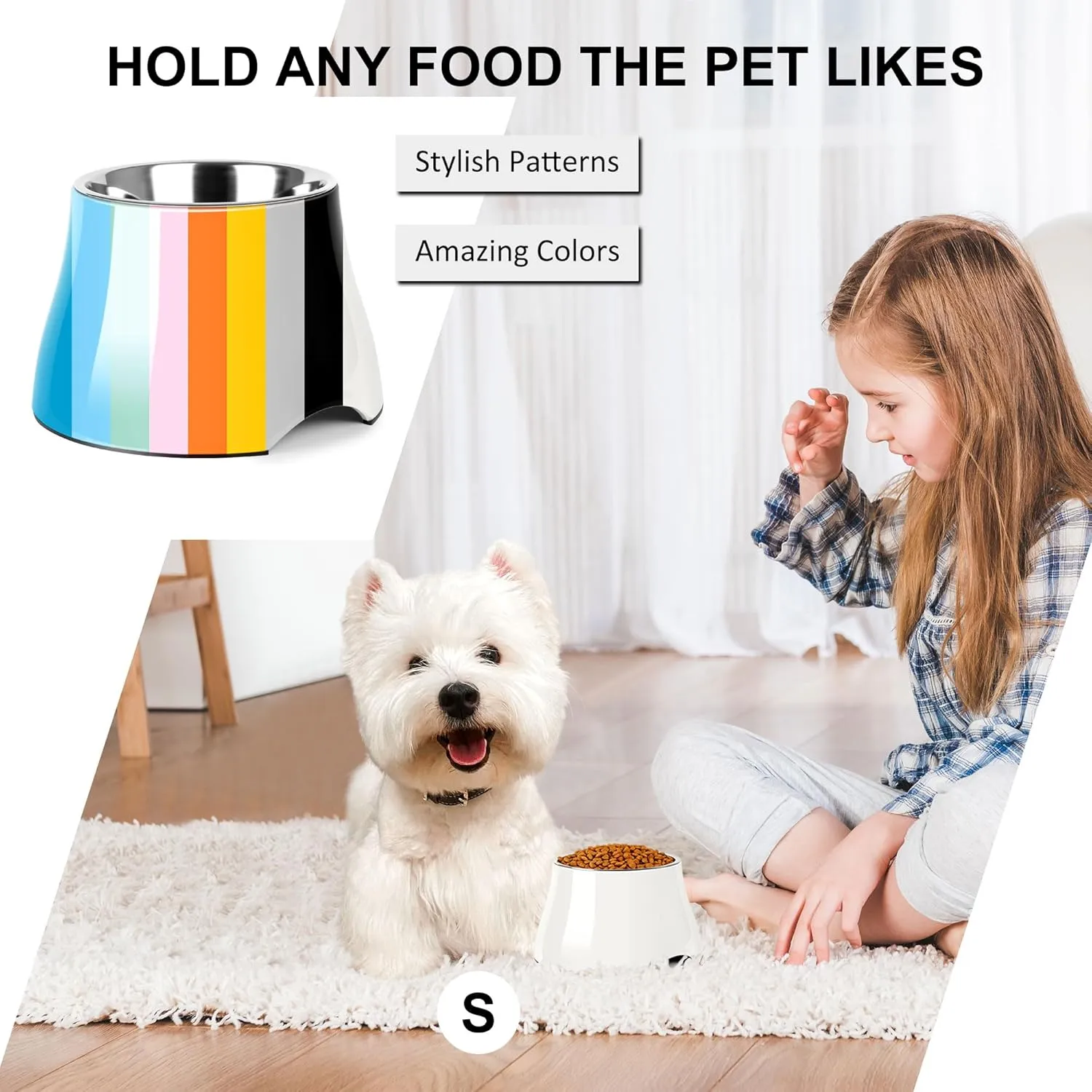 Dog Bowls,Cone Friendly Non Slip Single Dog Bowl with Stainless Steel Inner, Raised Bowls for Smll Dogs Spaniel Dogs Long Ear, High Capacity, S/1 Cup White