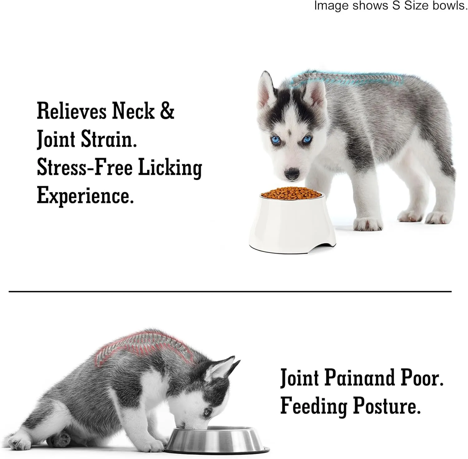 Dog Bowls,Cone Friendly Non Slip Single Dog Bowl with Stainless Steel Inner, Raised Bowls for Smll Dogs Spaniel Dogs Long Ear, High Capacity, S/1 Cup White