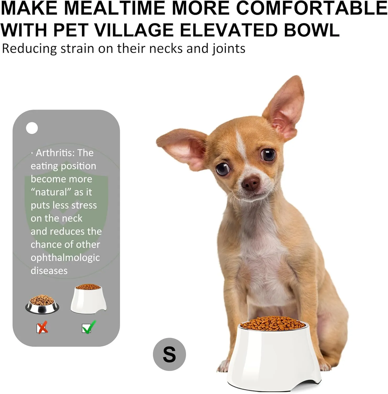 Dog Bowls,Cone Friendly Non Slip Single Dog Bowl with Stainless Steel Inner, Raised Bowls for Smll Dogs Spaniel Dogs Long Ear, High Capacity, S/1 Cup White