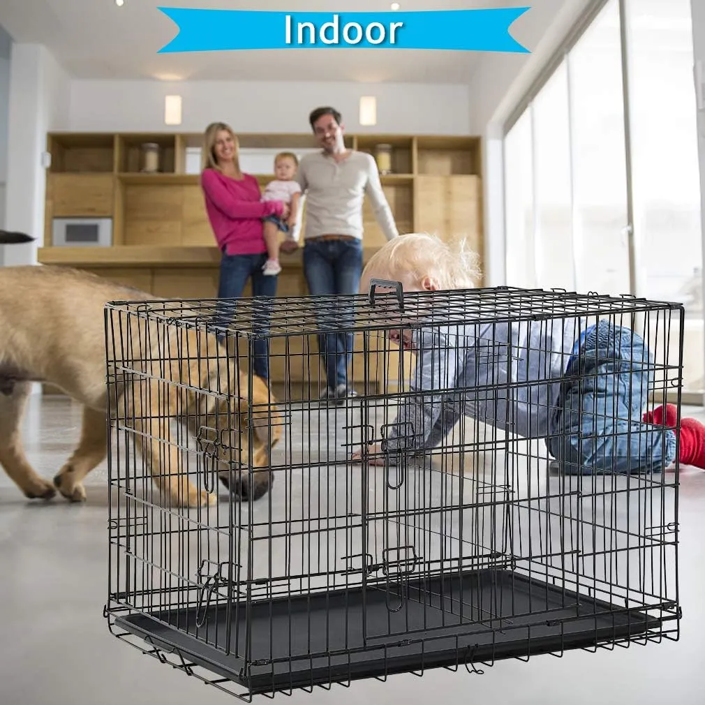 Dog Crate for Large Medium Small Dogs, Folding Dog Kennel Cage with Plastic Tray & Divider 48"/42"/ 36"/ 30"/ 24" Indoor Outdoor Metal Double Door Heavy Duty Dog Pen Enclosure, Black(30 Inch)