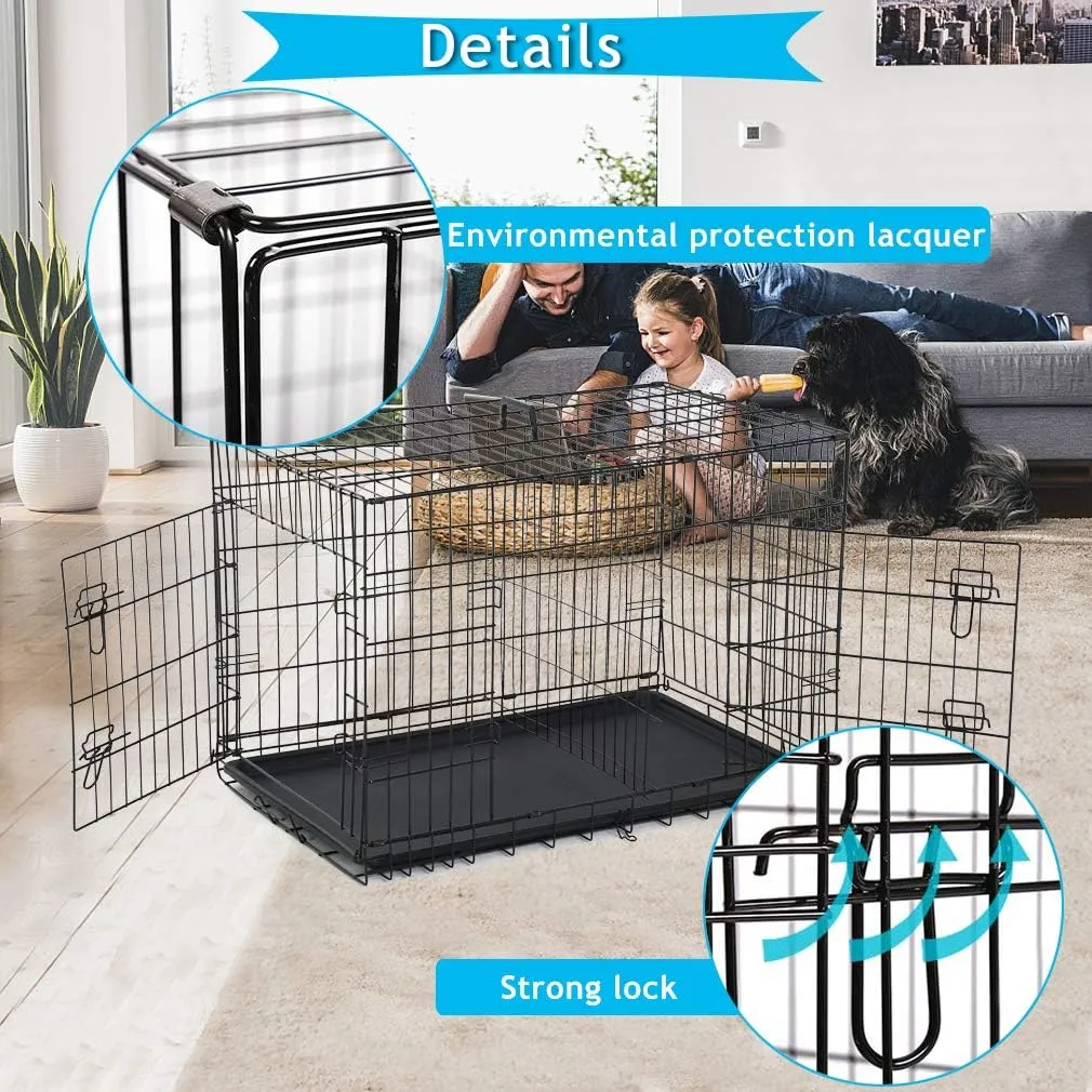 Dog Crate for Large Medium Small Dogs, Folding Dog Kennel Cage with Plastic Tray & Divider 48"/42"/ 36"/ 30"/ 24" Indoor Outdoor Metal Double Door Heavy Duty Dog Pen Enclosure, Black(30 Inch)