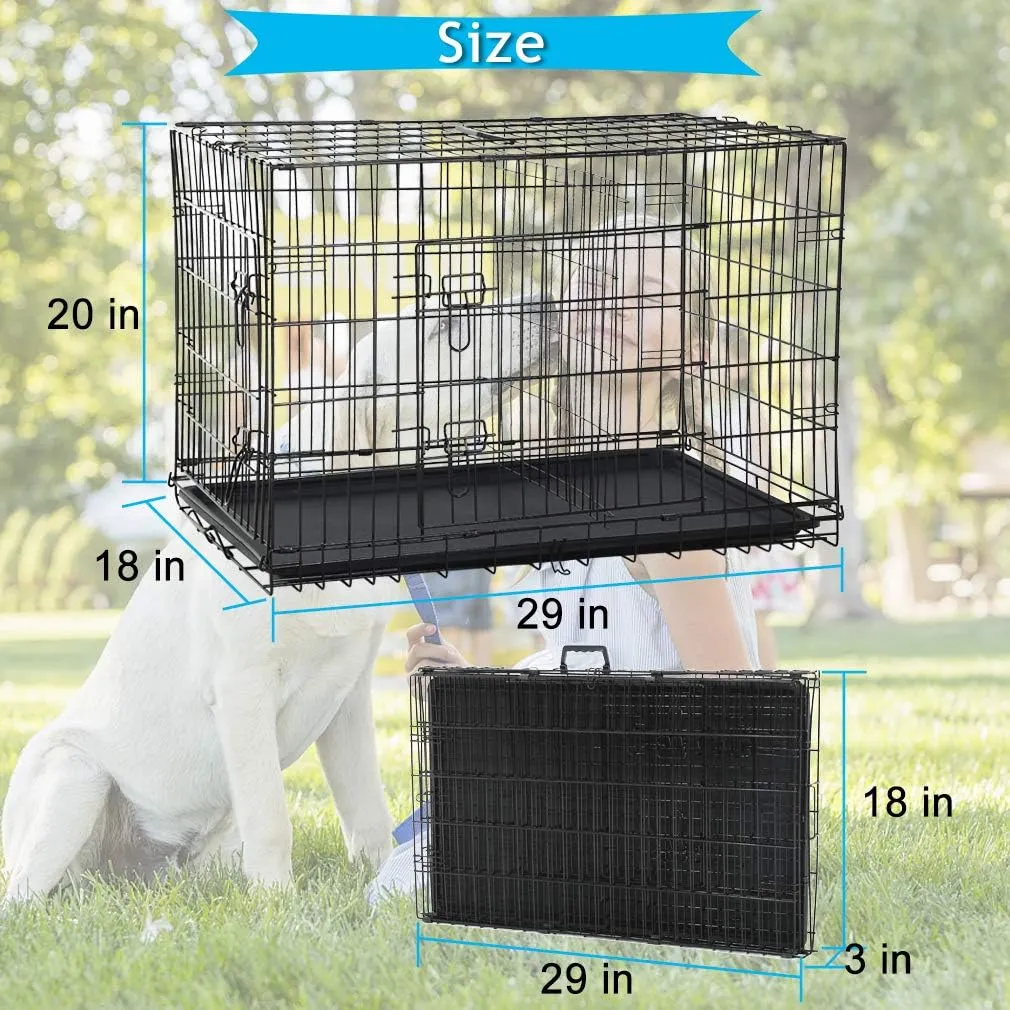 Dog Crate for Large Medium Small Dogs, Folding Dog Kennel Cage with Plastic Tray & Divider 48"/42"/ 36"/ 30"/ 24" Indoor Outdoor Metal Double Door Heavy Duty Dog Pen Enclosure, Black(30 Inch)