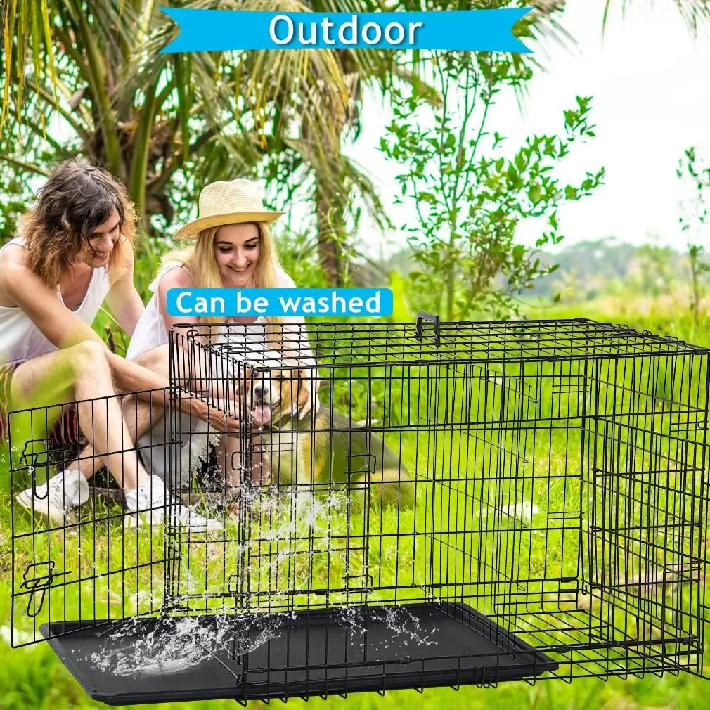 Dog Crate for Large Medium Small Dogs, Folding Dog Kennel Cage with Plastic Tray & Divider 48"/42"/ 36"/ 30"/ 24" Indoor Outdoor Metal Double Door Heavy Duty Dog Pen Enclosure, Black(30 Inch)