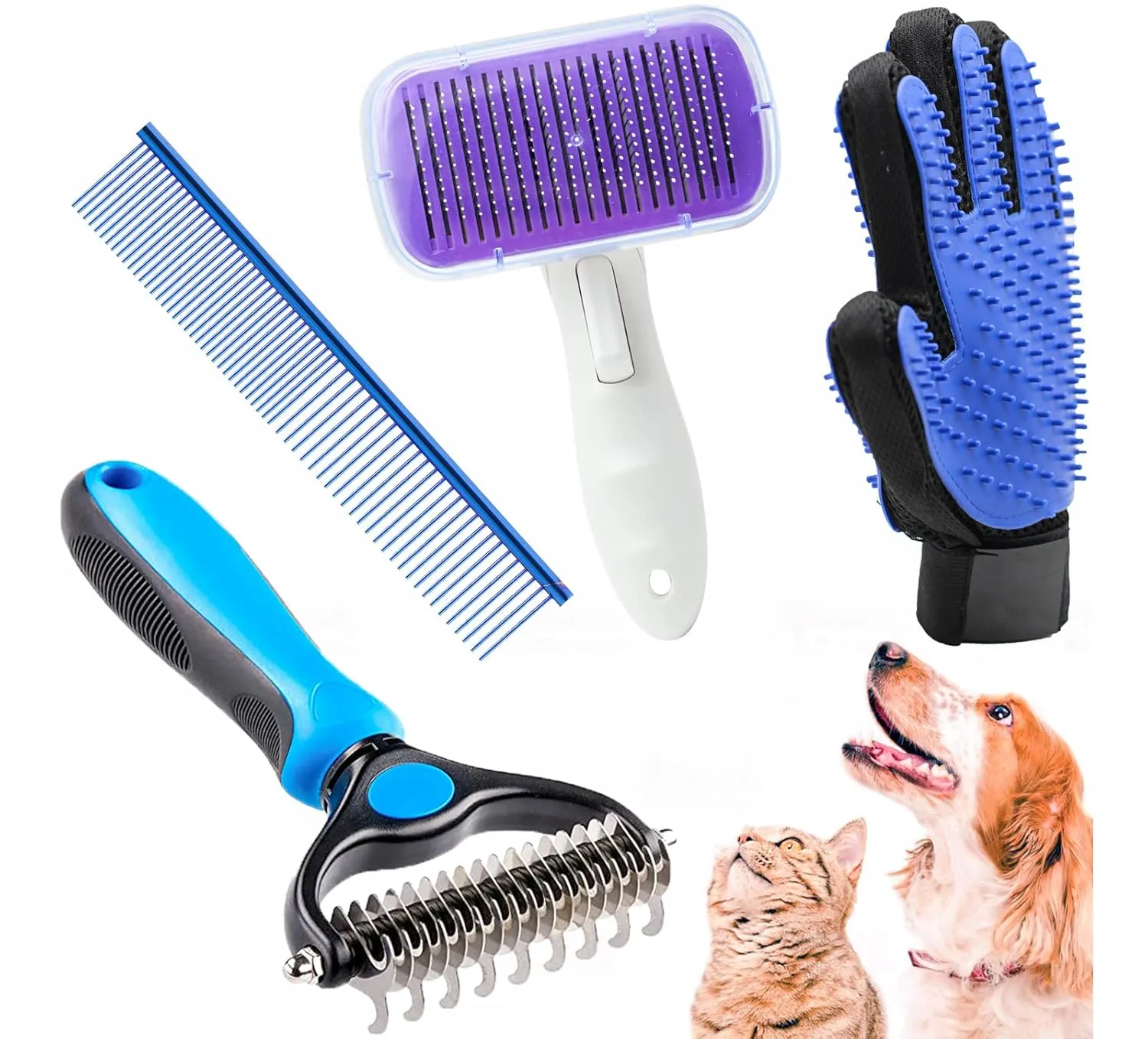 Dog Grooming Kit with Self Cleaning Slicker Brush, Pet Hair Remover Massage Gloves, Shedding Dematting Steel Comb for Long & Short Haired Cats Dogs, 4 Count